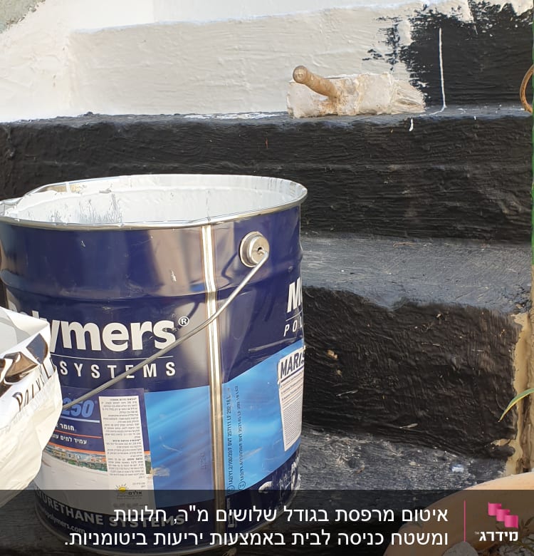 דלי צבע כחול ומברשת על מדרגות שחורות